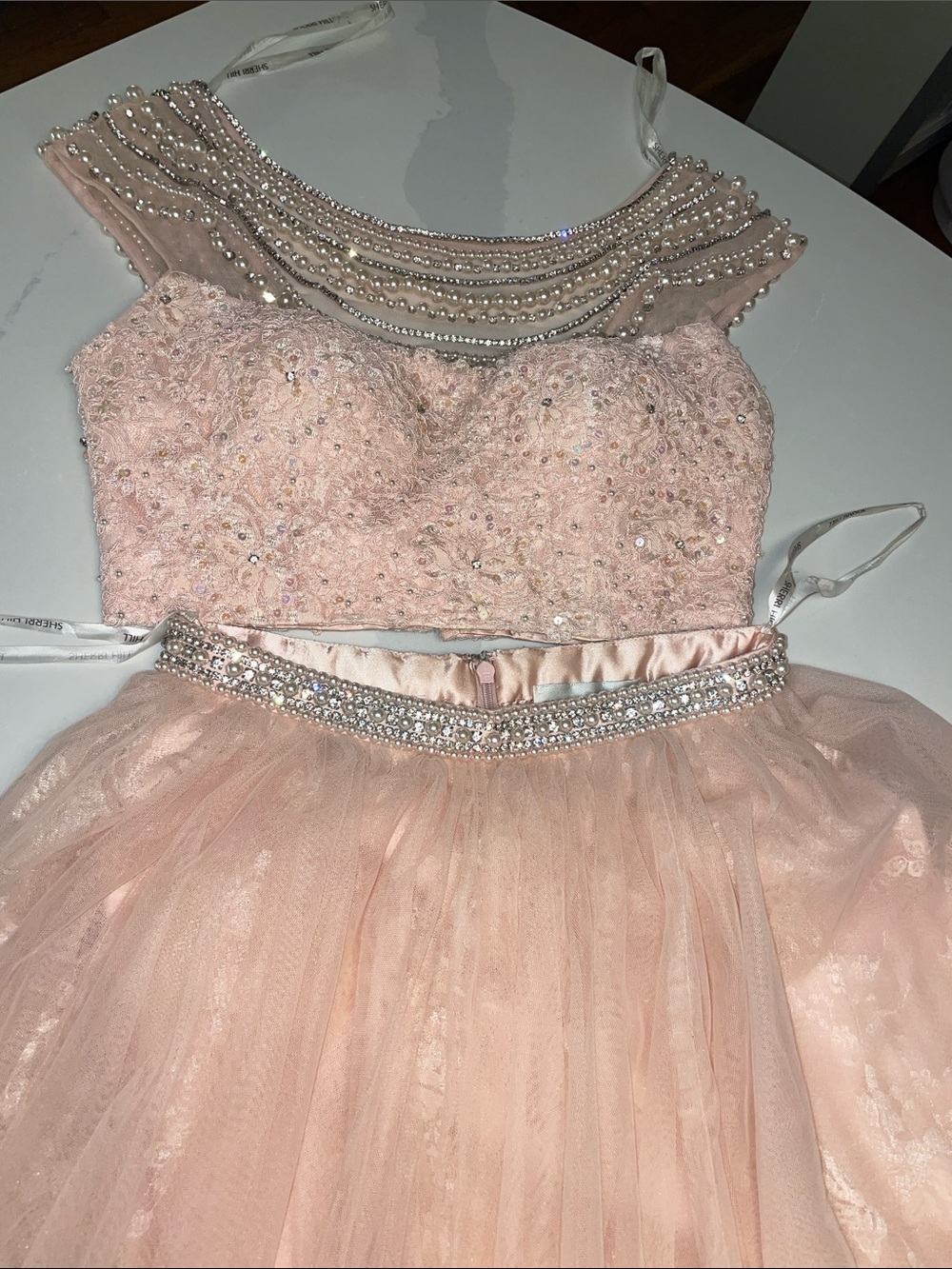 Sherri Hill Blush Pink Pearl & Crystal Embellished Tulle Dress 4